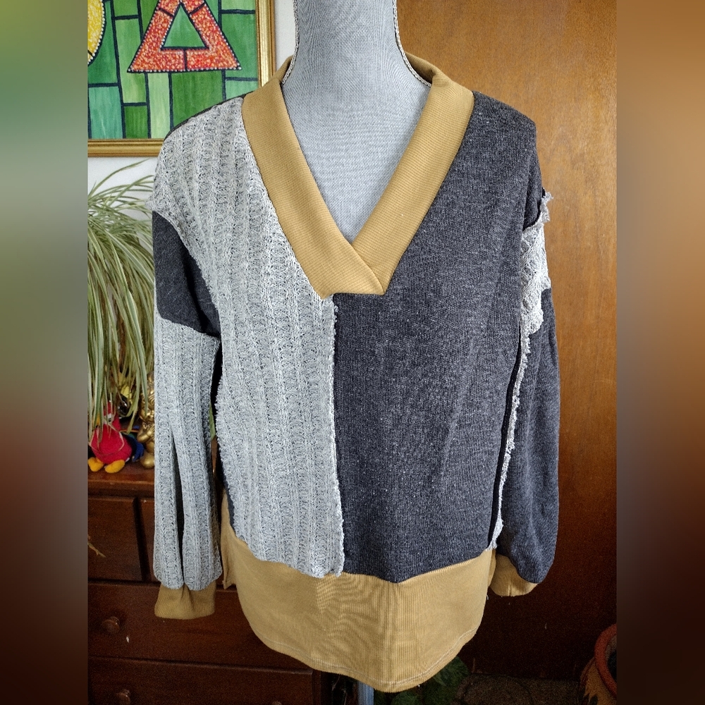 Sugarfox California Women's Pullover Top Texture Color Blocking Sz XL